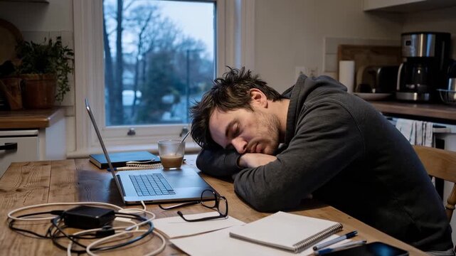 Tired man falling asleep beside a laptop at a kitchen table, showing remote work fatigue, exhaustion and the need for rest.