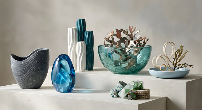 Modern home decor aesthetic display with ceramic vases and glass sculpture