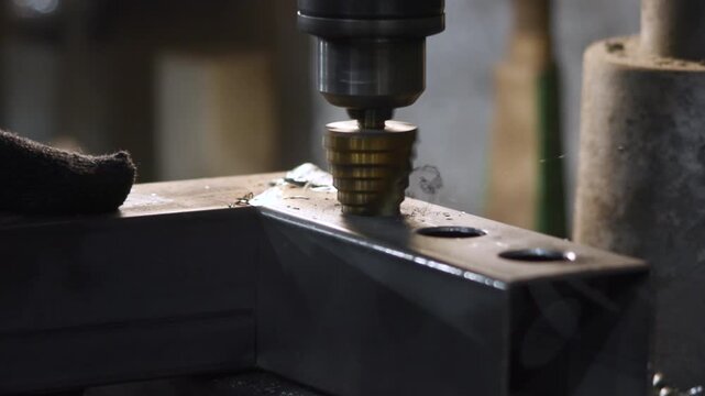 Rotating drill cuts steel workpiece on industrial machine with metal shavings in workshop close view precision metalworking under muted bronze gray lighting soft directional light