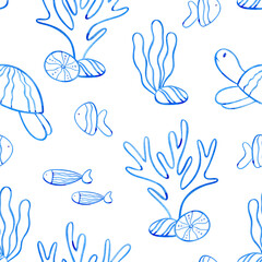 Seamless pattern with corals, seaweeds and fish, and turtle blue line art. Mediterranean underwater reef watercolor illustration. © Lena