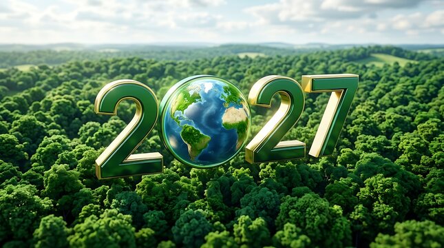 Year 2027 metallic gold and green numbers with a central globe over a lush forest canopy