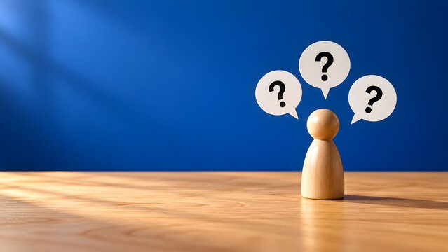 Wooden figure with question marks in speech bubbles symbolizing confusion doubt or seeking answers