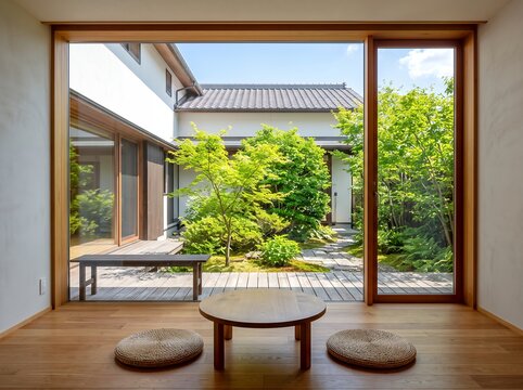縁側から見る緑豊かな日本庭園広がる家屋の落ち着いた景色