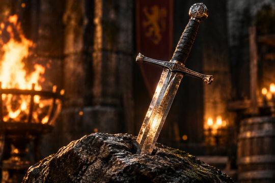 Medieval longsword embedded in stone, blade reflecting firelight in shadows.