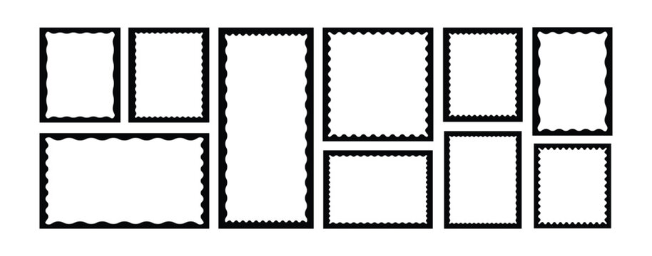 Black outline wavy zigzag rectangle frames set on transparent background. Rectangular jagged curved box element. Zigzag wavy edges, rectangles, photo frames, text box. vector illustration