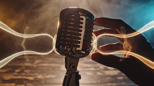 Vintage condenser microphone on dark stage with glowing sound waves