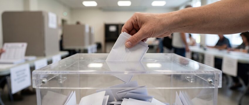 Close-up of a person's hand inserting a folded white paper ballot into a transparent plastic voting box, inside a polling station with voting booths and people in the background