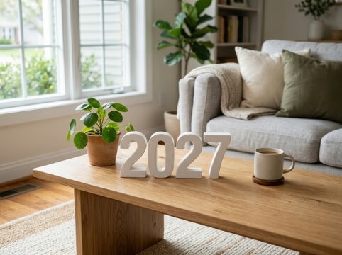 Year 2027 numbers on a wooden table in a cozy modern living room
