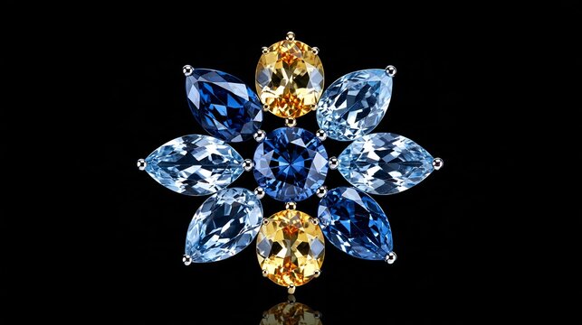 Luxury flower motif brooch featuring blue sapphire and yellow topaz gemstones on black background