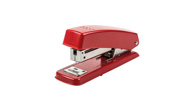 Classic red plastic office stationery stapler tool isolated on transparent background