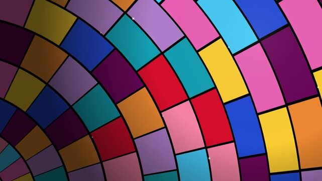 Vibrant stained glass mosaic background with colorful geometric tiles. Abstract kaleidoscope pattern of rainbow glass blocks. Artistic stained glass window texture for creative video projects.