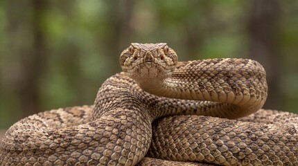 Obraz premium Close-up portrait of a rattlesnake head with intricate scales and focused alert eyes reptile