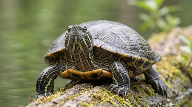 Close-up portrait of a pond slider turtle resting on a mossy log in a calm green wetland