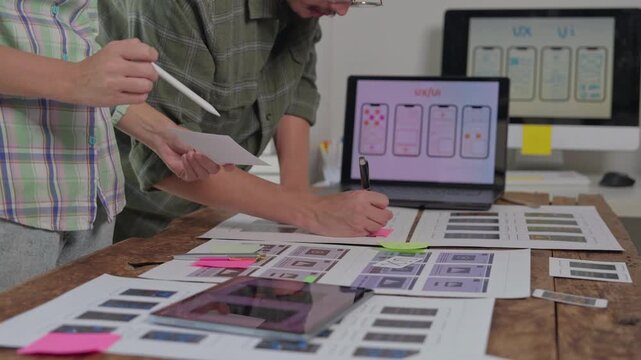 Ux ui designers brainstorming mobile app interface development