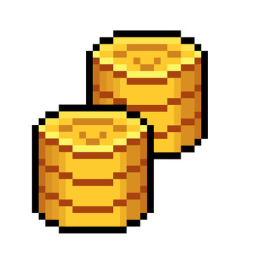 Pixelated Golden Coin Stacks Illustration for Game Reward, Wealth, and E-Commerce Payment in Retro Pixel Style