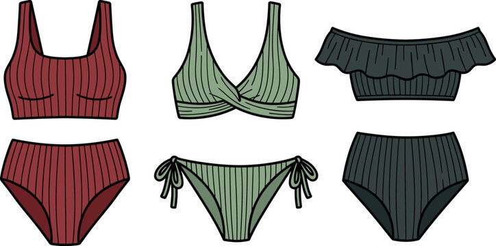 Bikini vector set with ribbed swimsuits in maroon, green, and dark grey colors