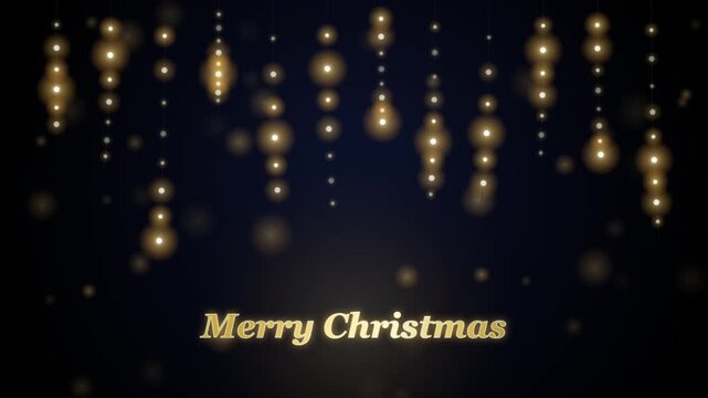 Merry christmas greeting card with glowing golden hanging lights