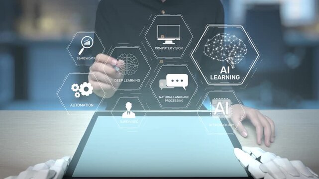 showcases a modern interaction with AI technology, featuring hands manipulating a digital interface filled with icons symbolizing learning and processing concepts. Salient