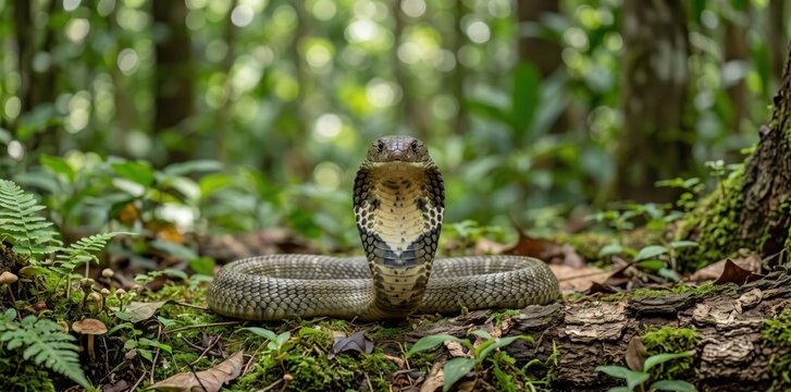 Dangerous king cobra snake with hood spread wide in the middle of a lush green forest reptile