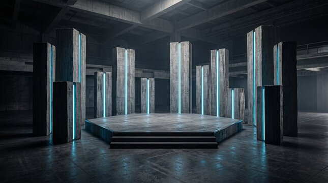 Hexagonal concrete stage surrounded by illuminated monoliths, combining brutalist architecture with electric cyan and ice blue accents in a futuristic exhibition environment.