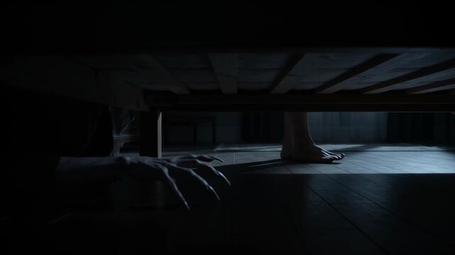 Creepy monster hand reaching out from under bed toward feet in dark room, horror scene