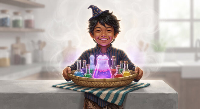 Happy young wizard boy holding a basket of colorful magic potions for halloween