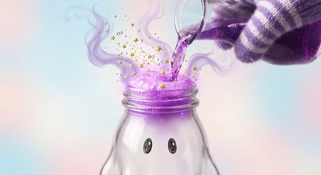 Hand pouring sparkly purple magic potion into a ghost glass bottle for halloween