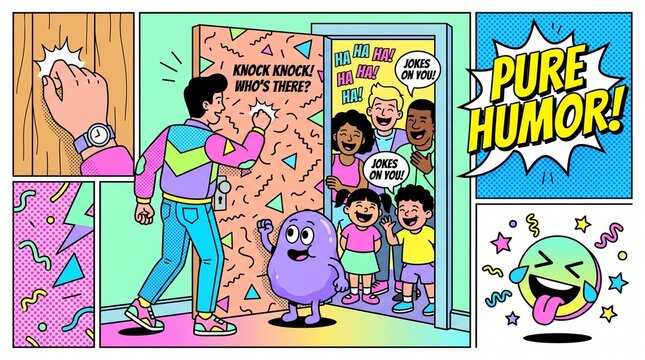 A vibrant cartoon shows a person knocking on an ornate, patterned door, revealing a hilarious surprise from a joyous group, creating pure comedic delight