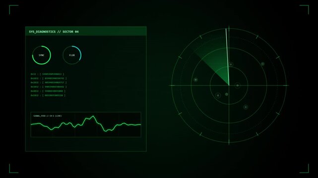 Futuristic digital radar interface with data diagnostics and signal waveform