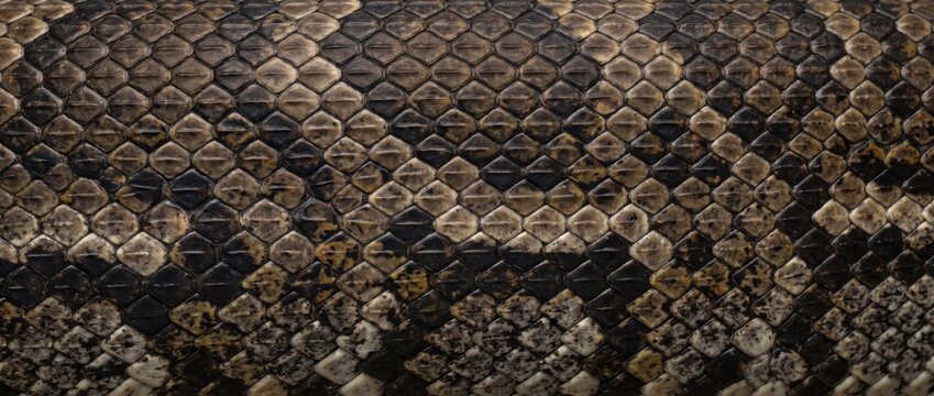 Detailed close up texture of brown and black snake skin scales pattern for natural background