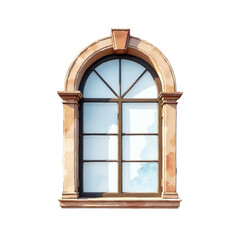 Obraz premium Elegant historical arched window with stone frame and clear glass panes on white background