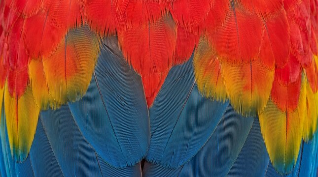 Detailed close up texture of vibrant scarlet macaw feathers featuring red yellow and blue