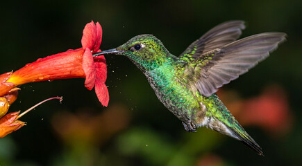 Obraz premium Hummingbird hovering near bright red flower, mid-air flight, macro photography of wildlife in natural habitat. Nature, ornithology, tropical garden, biodiversity.