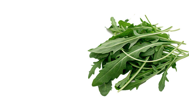 Bunch of fresh green organic arugula leaves isolated on transparent background