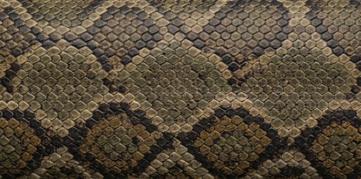 Detailed macro texture of a snake skin featuring intricate diamond patterns in brown and green