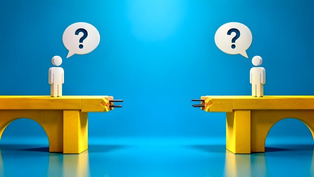 Broken bridge separating two confused figures with question bubbles representing communication breakdown and business obstacle