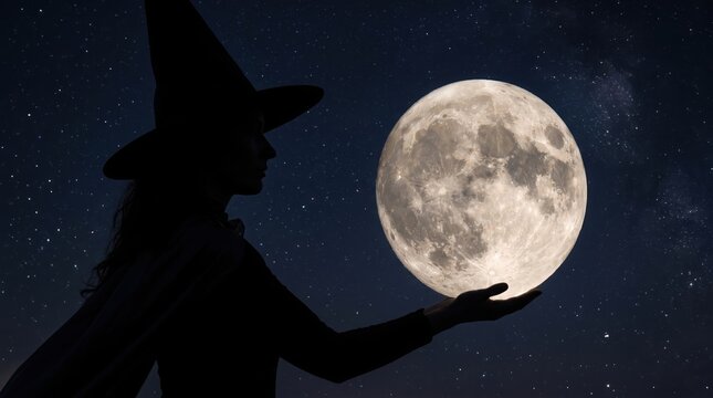 Lone witch silhouette cradling the full moon against a starlit sky