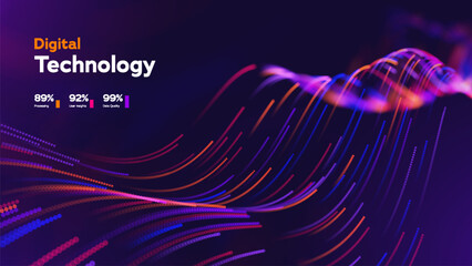 Naklejka na ściany i meble Digital Technology Data Flow Background With Colorful Abstract Waves For Ai Transformation, Business Analytics, Scientific Research, And Modern Network Visualization. Vector Illustration