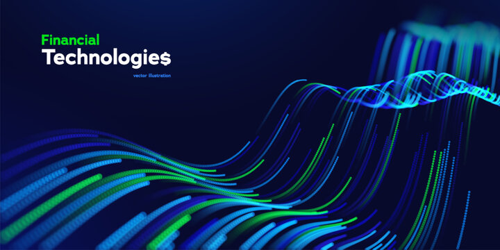 Financial Technology Flow With Glowing Abstract Digital Waves Representing Fintech Innovation, Business Investment, Financial Growth, Connected Data Motion On A Dark Background. Vector Illustration