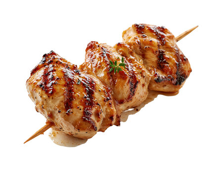 Grilled chicken meat skewer with teriyaki sauce glaze on a wooden stick isolated on a white background for a delicious restaurant menu food photography