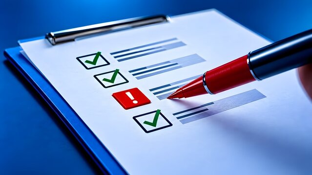 Red pen marking warning sign on clipboard checklist representing failed inspection and quality control audit