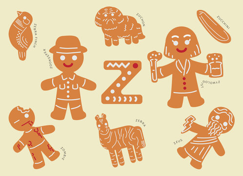 Gingerbread Alphabet Z Animal Occupation Objects Set Collection