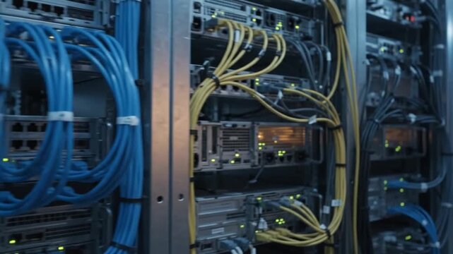 Close up of network cables and servers in a modern data center