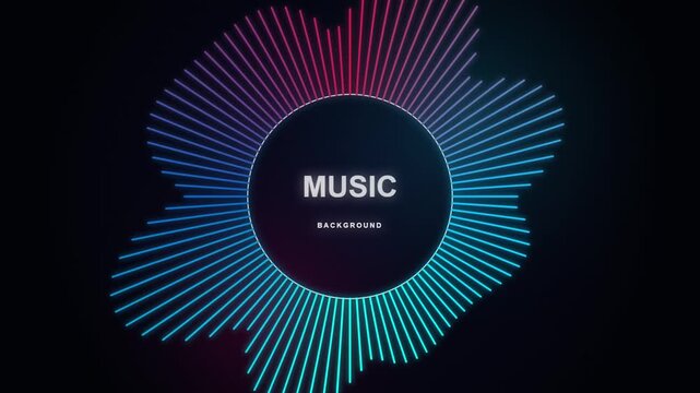 Abstract circular audio spectrum equalizer with pulsing neon glowing waves for music backdrop design.
