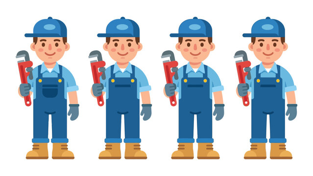 Four Identical Mechanics Holding Wrenches Smiling