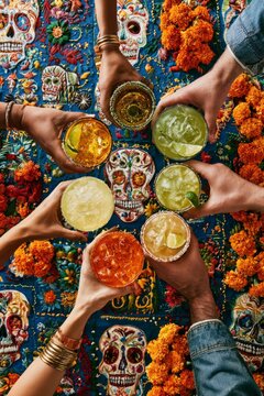 Colorful Day of the Dead Cocktail Toast with Marigolds