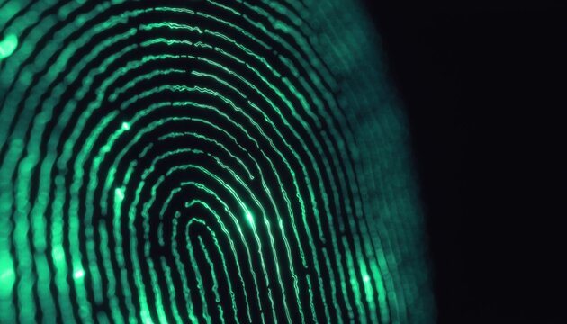 Glowing Green Thumbprint Maze Pattern, Abstract Biometric Identification, Digital Identity and Cybersecurity Concept