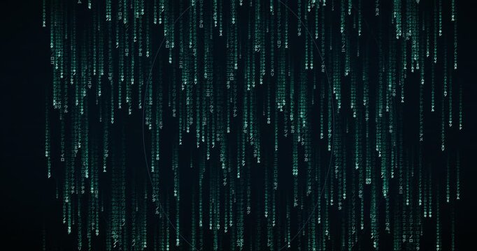 Japanese katakana characters fall in a dense, teal code storm animation with a layered parallax effect.