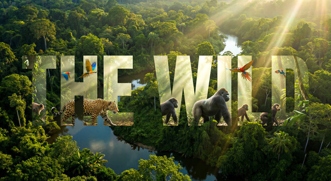 Aerial view of lush tropical rainforest with river winding through dense jungle trees and sunlight beams, featuring large letters displaying forest animals. Nature, wildlife, ecosystem