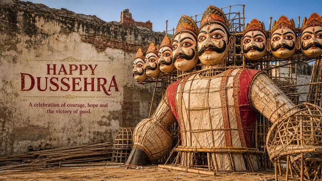 Landscape Dussehra greeting with handmade Ravana effigy